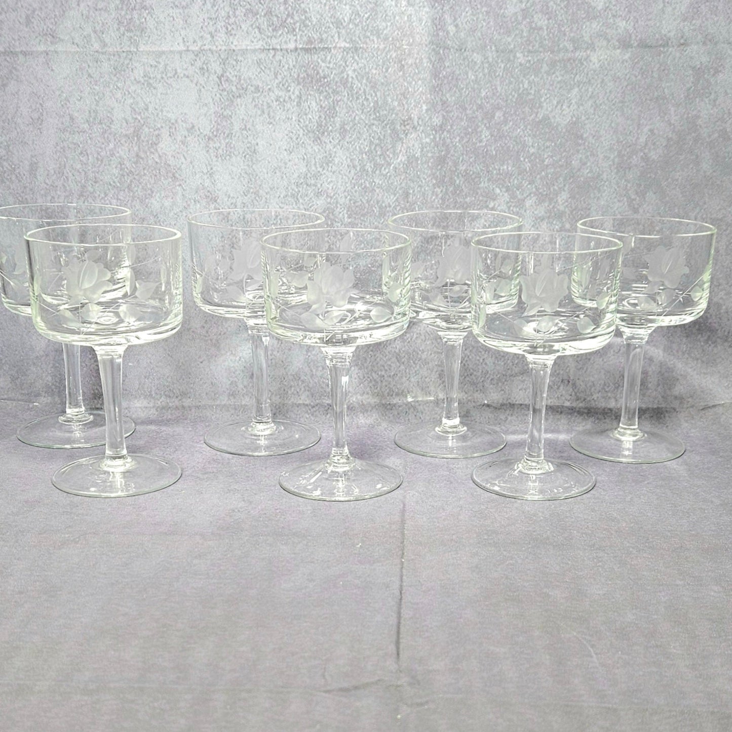 Glasses, Cocktail Stemware, Etched Rose and Leaves, Set of 7, Cordial Glasses, Straight Sides, Flat Bottom Bowl, Vintage