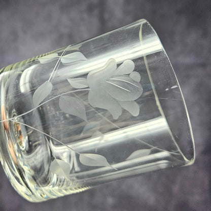 Wine Glasses, Etched Rose and Leaves, Stemware, Set of 6, Straight Sides, Flat Bottom Bowl, Vintage