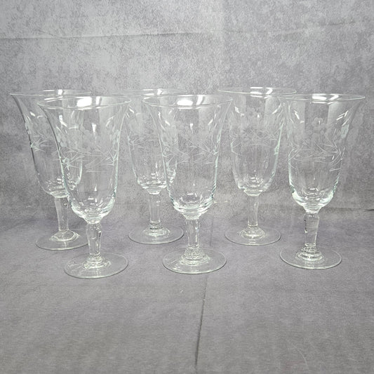Glasses, Cocktail / Sherry / Liqueur Glasses, Blown Glass, Footed, Etched Florals, Set of 6, Vintage