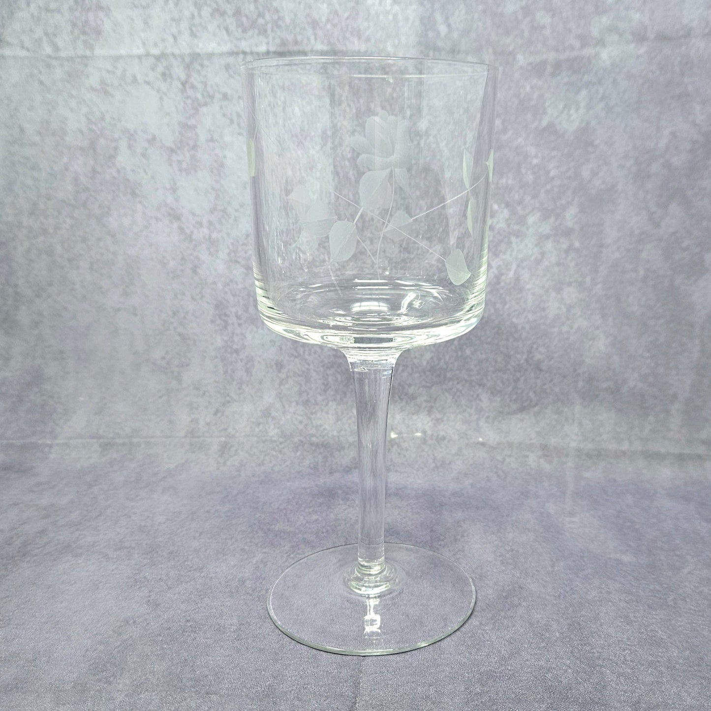 Wine Glasses, Etched Rose and Leaves, Stemware, Set of 6, Straight Sides, Flat Bottom Bowl, Vintage