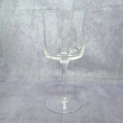 Wine Glasses, Etched Rose and Leaves, Stemware, Set of 6, Straight Sides, Flat Bottom Bowl, Vintage