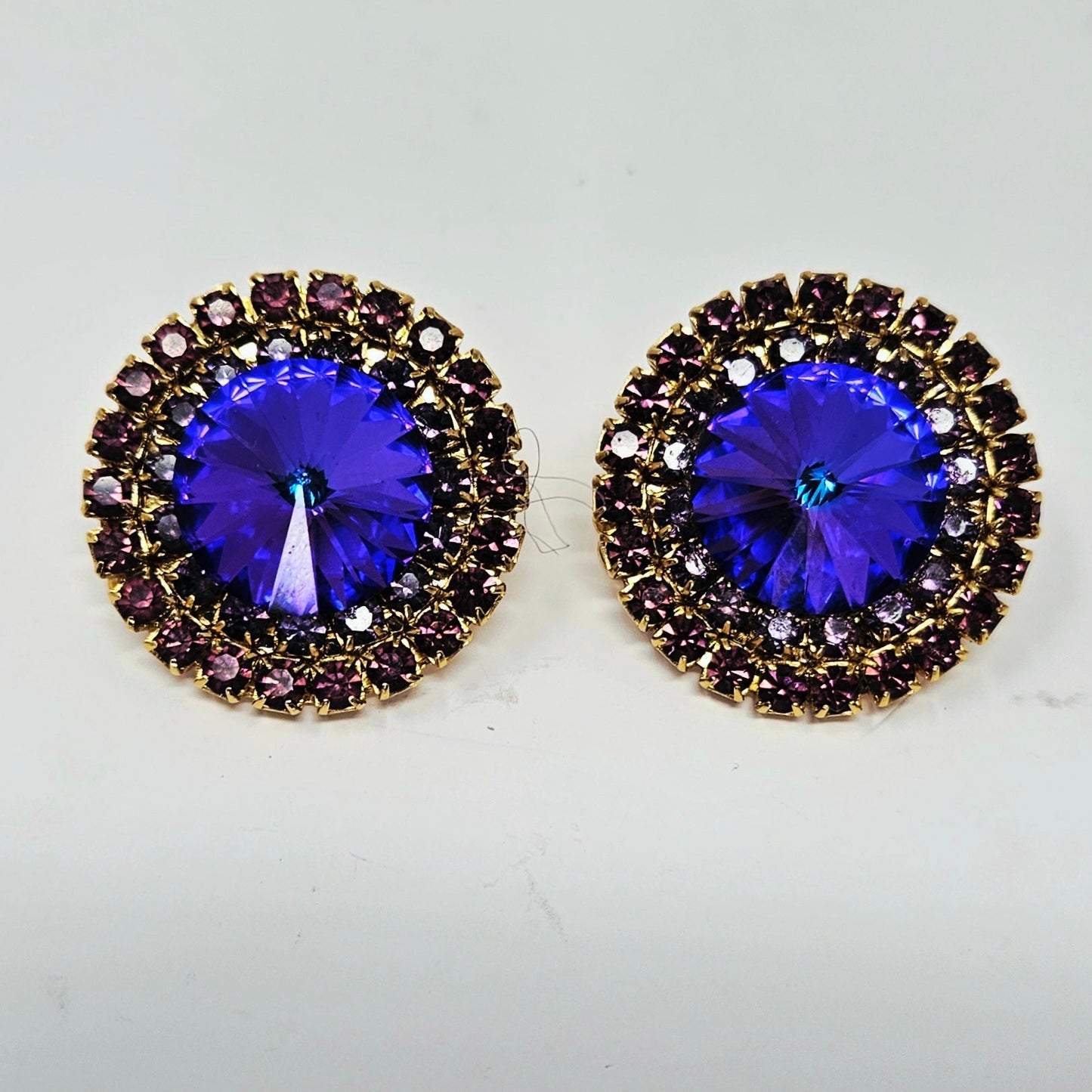 Earrings, Purple Heliotrope Large Rhinestones, Round Clip-On, Vintage