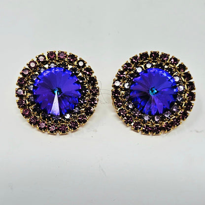 Earrings, Purple Heliotrope Large Rhinestones, Round Clip-On, Vintage