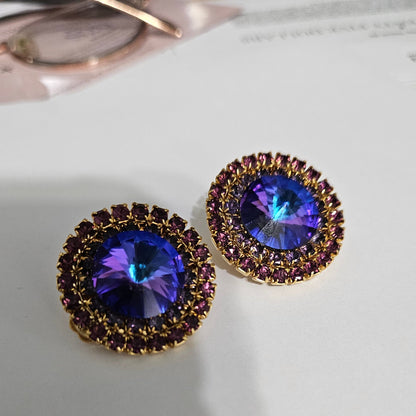 Earrings, Purple Heliotrope Large Rhinestones, Round Clip-On, Vintage