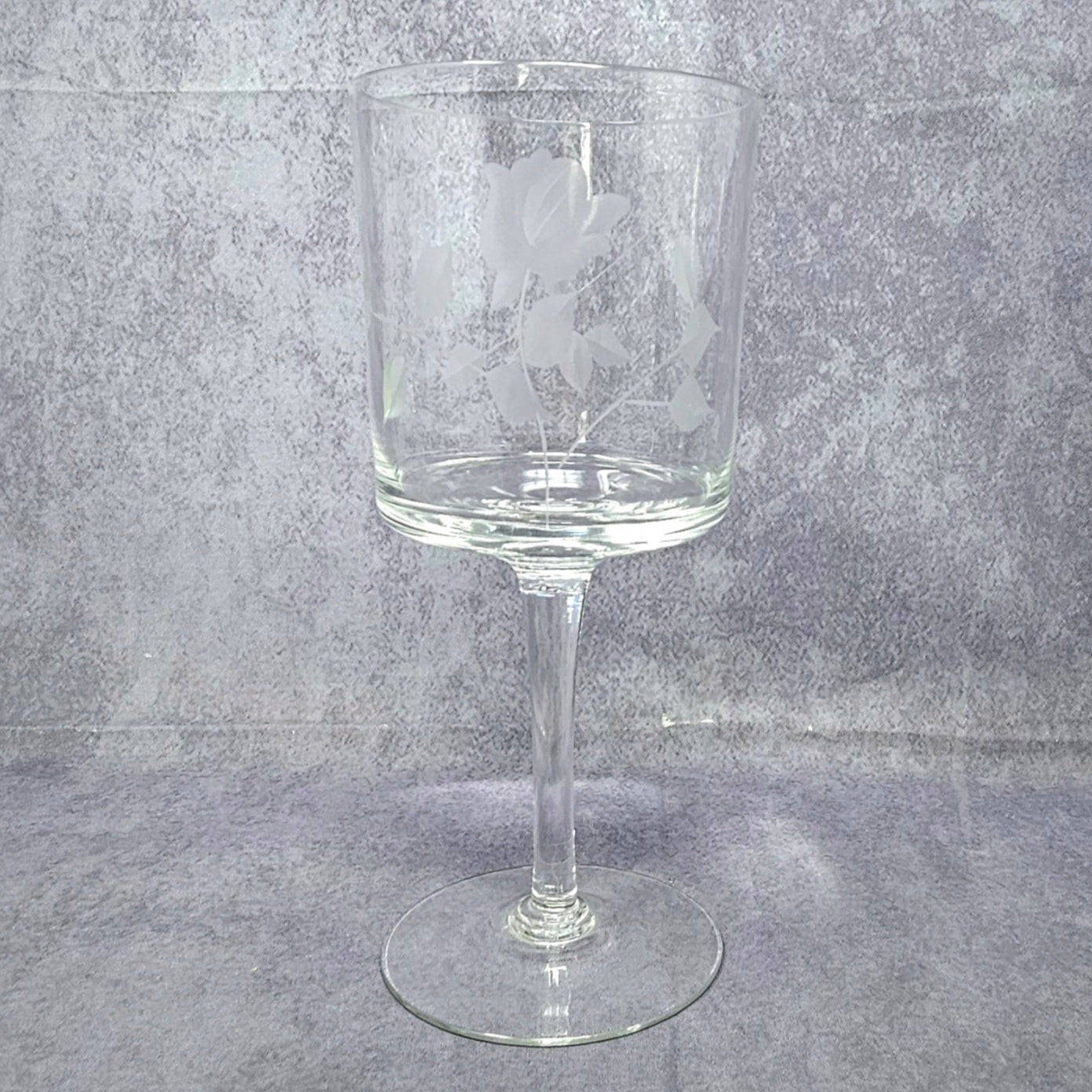 Wine Glasses, Etched Rose and Leaves, Stemware, Set of 6, Straight Sides, Flat Bottom Bowl, Vintage