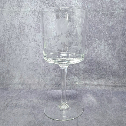 Wine Glasses, Etched Rose and Leaves, Stemware, Set of 6, Straight Sides, Flat Bottom Bowl, Vintage