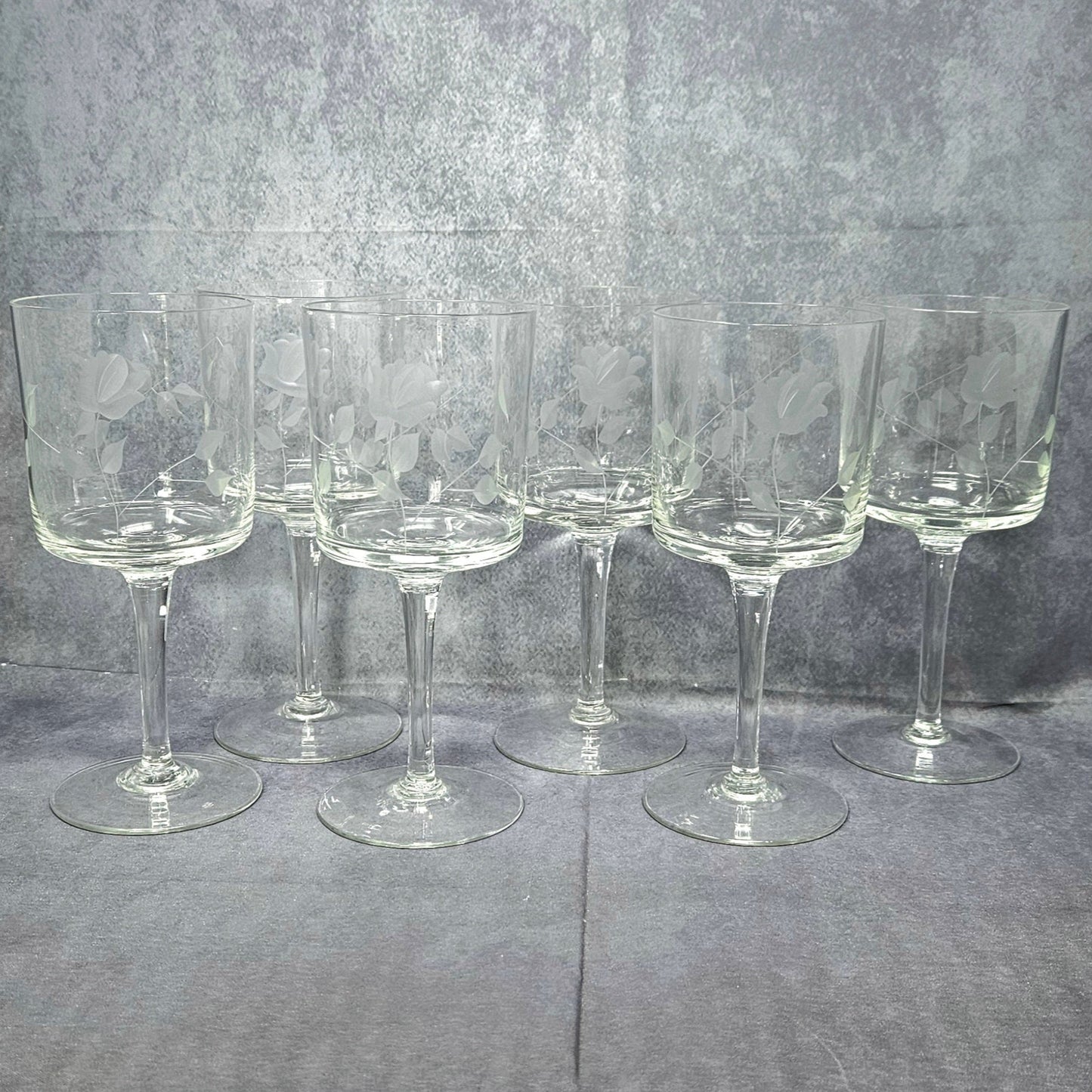 Wine Glasses, Etched Rose and Leaves, Stemware, Set of 6, Straight Sides, Flat Bottom Bowl, Vintage