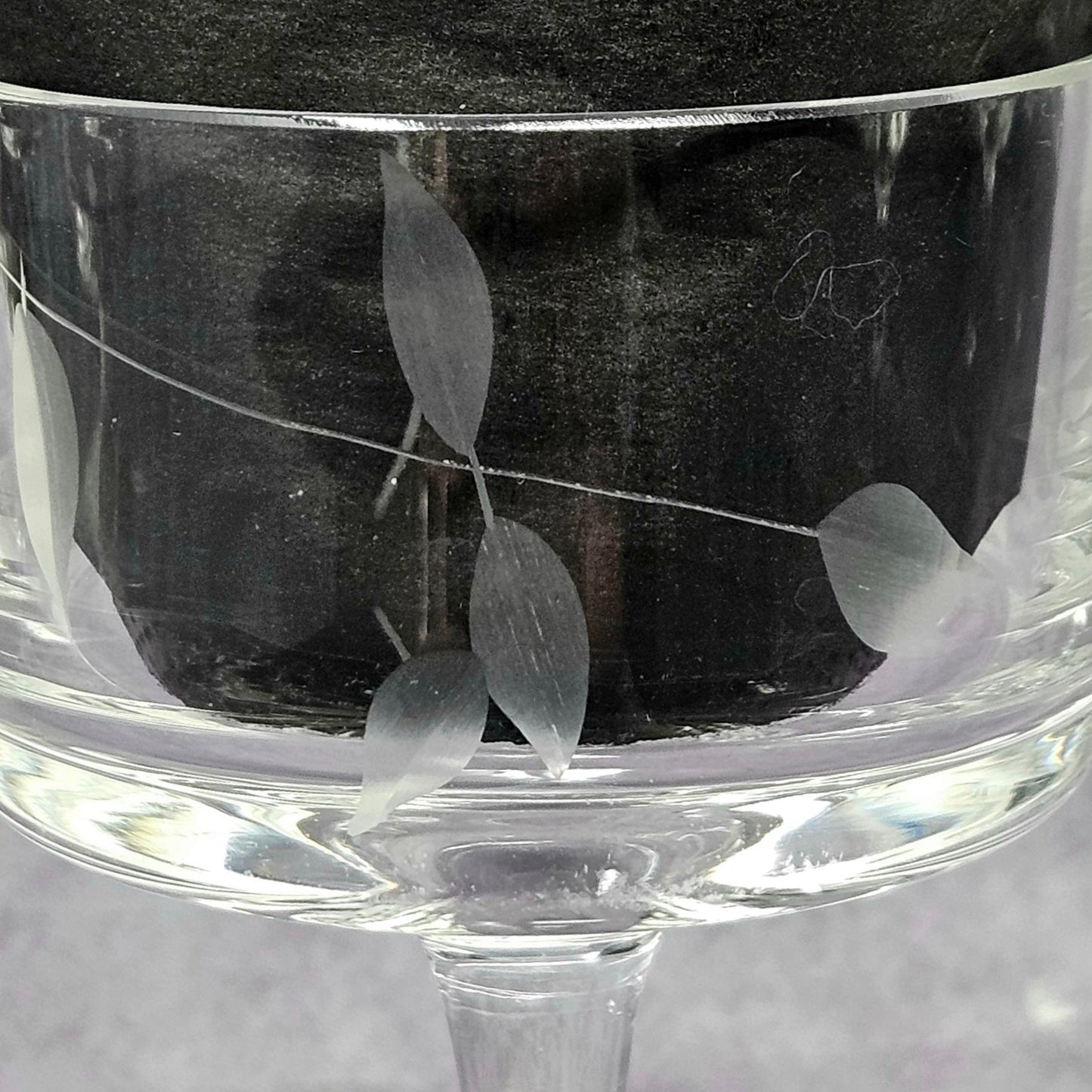 Glasses, Cocktail Stemware, Etched Rose and Leaves, Set of 7, Cordial Glasses, Straight Sides, Flat Bottom Bowl, Vintage