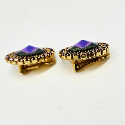 Earrings, Purple Heliotrope Large Rhinestones, Round Clip-On, Vintage