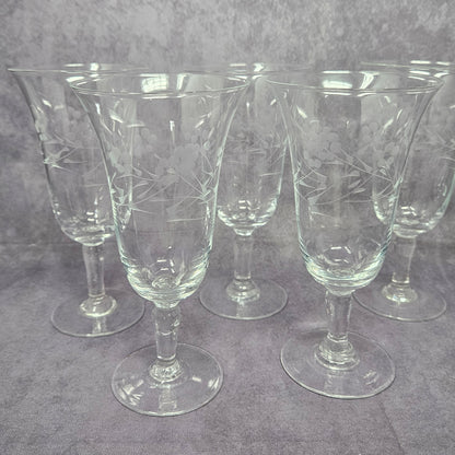 Glasses, Cocktail / Sherry / Liqueur Glasses, Blown Glass, Footed, Etched Florals, Set of 6, Vintage