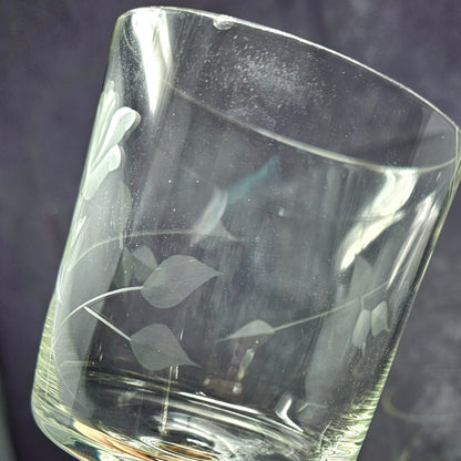 Wine Glasses, Etched Rose and Leaves, Stemware, Set of 2, Straight Sides, Flat Bottom Bowl, ISSUES, Vintage
