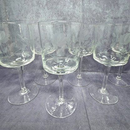 Wine Glasses, Etched Rose and Leaves, Stemware, Set of 6, Straight Sides, Flat Bottom Bowl, Vintage
