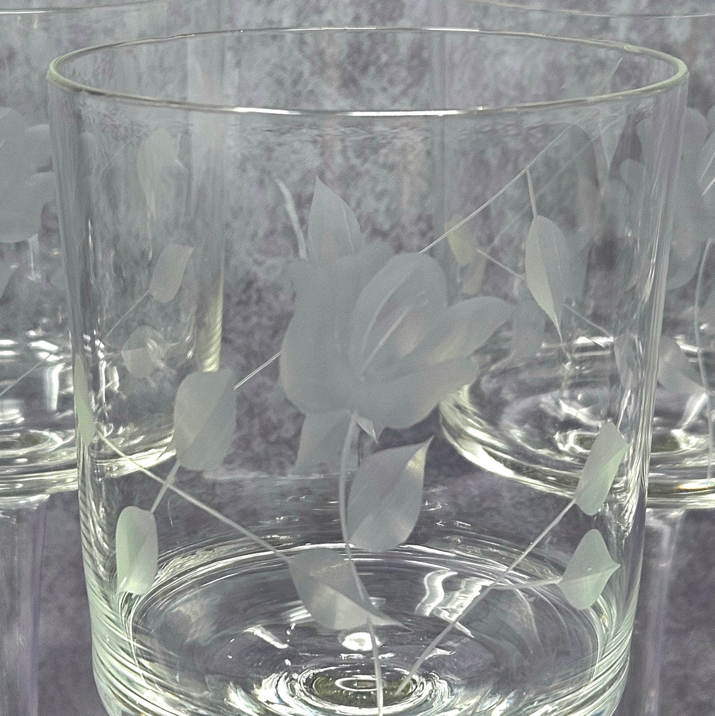 Wine Glasses, Etched Rose and Leaves, Stemware, Set of 6, Straight Sides, Flat Bottom Bowl, Vintage