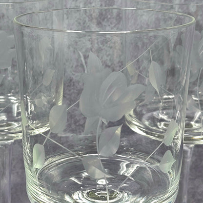 Wine Glasses, Etched Rose and Leaves, Stemware, Set of 6, Straight Sides, Flat Bottom Bowl, Vintage