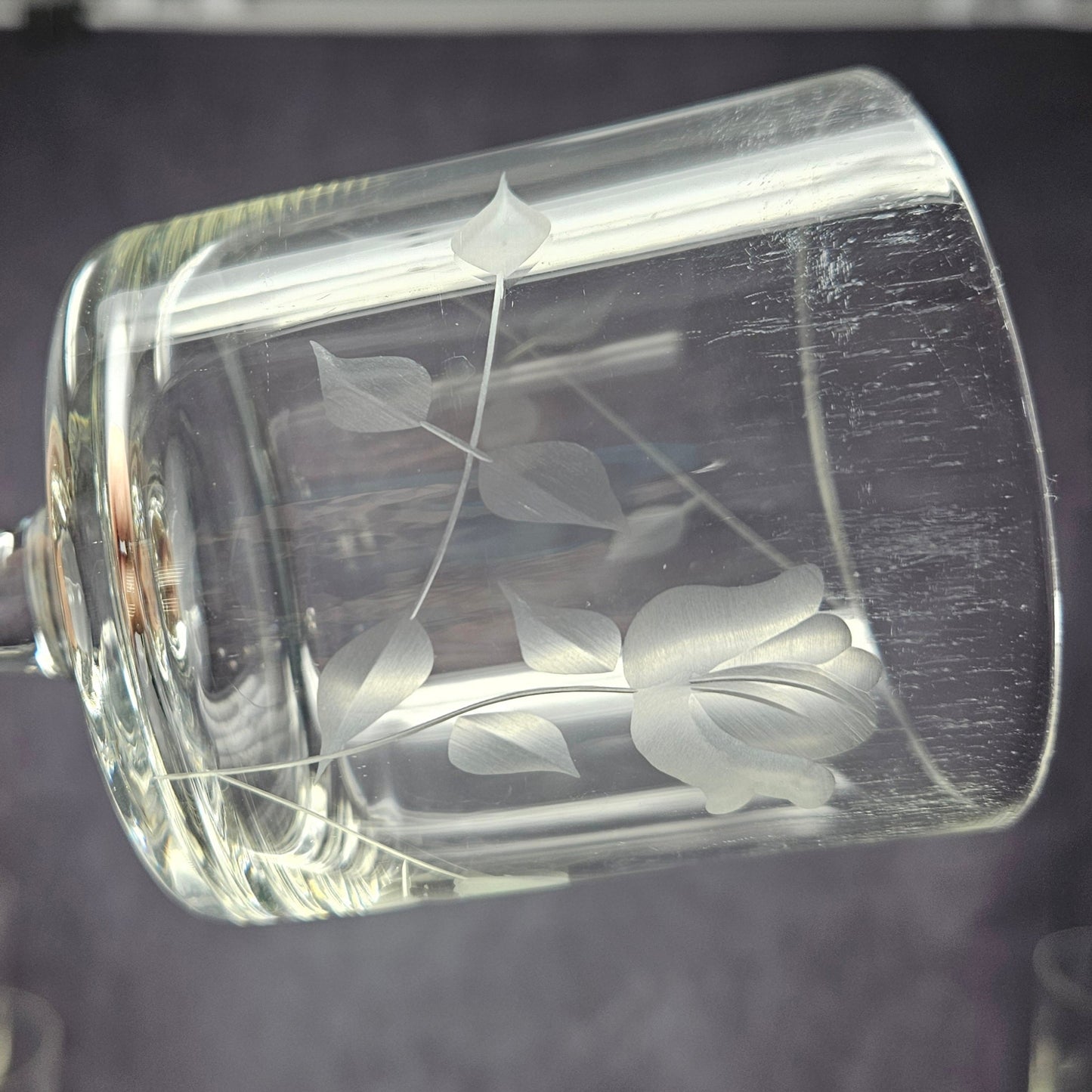 Wine Glasses, Etched Rose and Leaves, Stemware, Set of 6, Straight Sides, Flat Bottom Bowl, Vintage