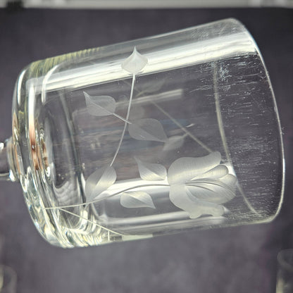 Wine Glasses, Etched Rose and Leaves, Stemware, Set of 6, Straight Sides, Flat Bottom Bowl, Vintage