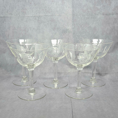 Champagne / Tall Sherbet, Cut / Etched Rose and Leaves, Blown Glass, Set of 5, Vintage