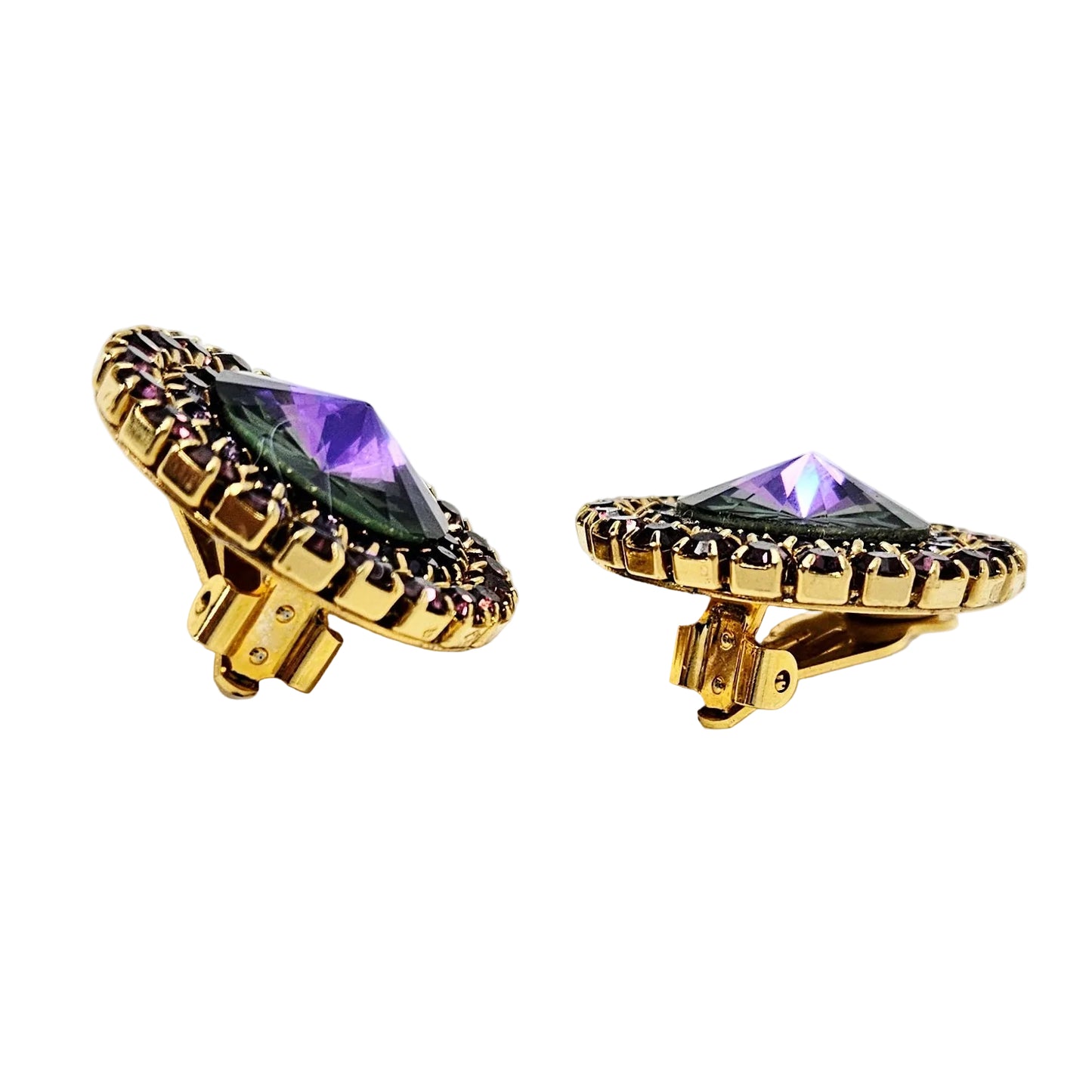 Earrings, Purple Heliotrope Large Rhinestones, Round Clip-On, Vintage