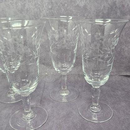 Glasses, Cocktail / Sherry / Liqueur Glasses, Blown Glass, Footed, Etched Florals, Set of 6, Vintage
