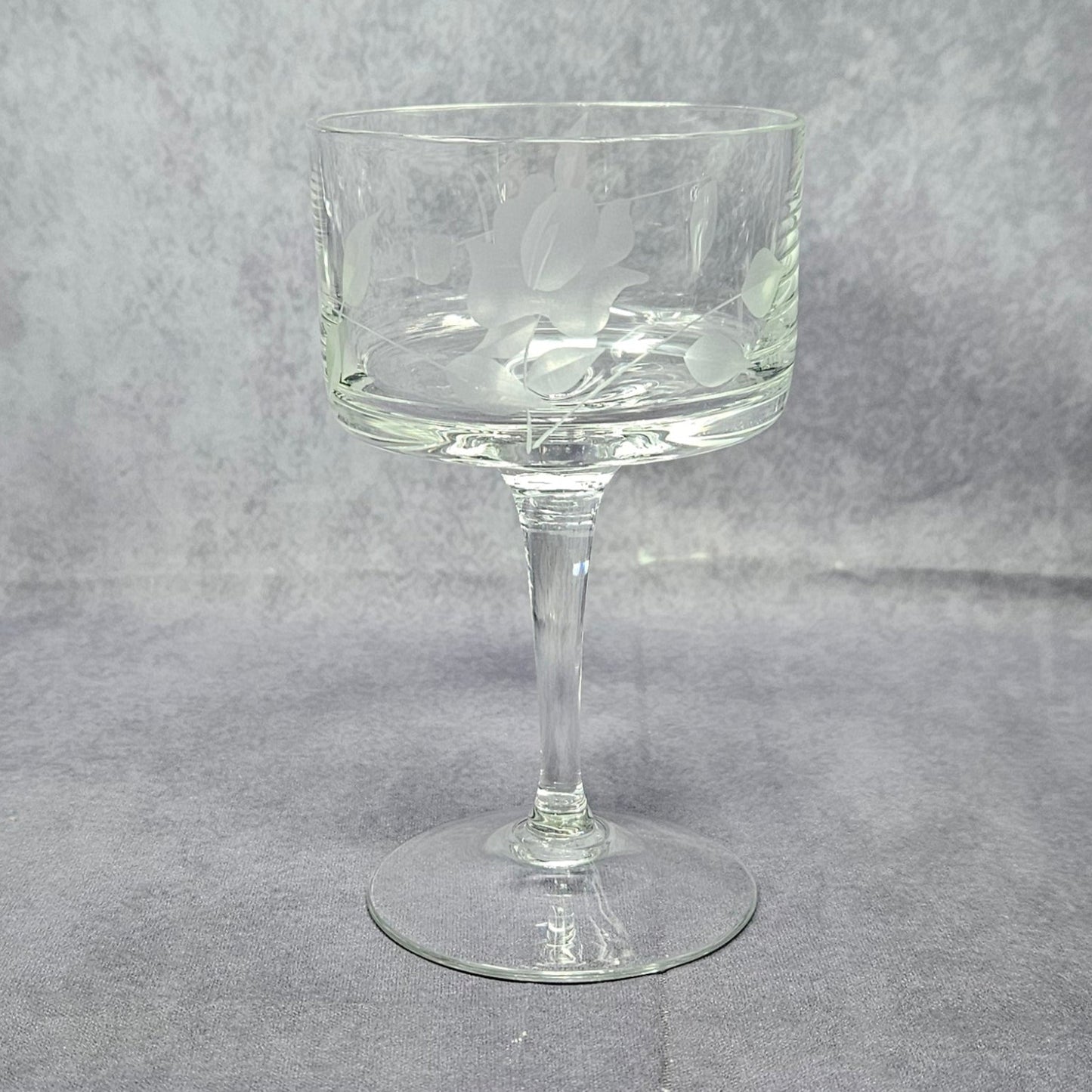 Glasses, Cocktail Stemware, Etched Rose and Leaves, Set of 7, Cordial Glasses, Straight Sides, Flat Bottom Bowl, Vintage