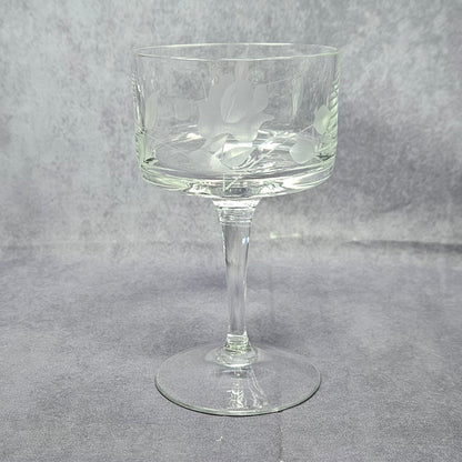 Glasses, Cocktail Stemware, Etched Rose and Leaves, Set of 7, Cordial Glasses, Straight Sides, Flat Bottom Bowl, Vintage