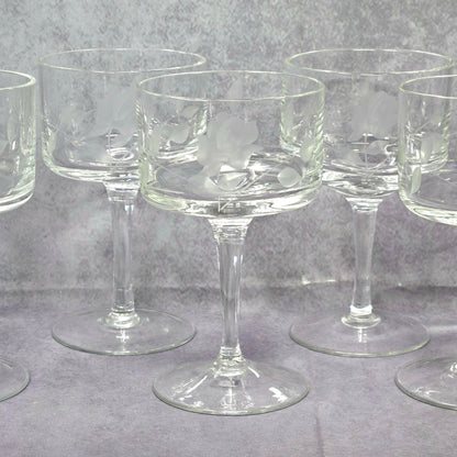 Glasses, Cocktail Stemware, Etched Rose and Leaves, Set of 7, Cordial Glasses, Straight Sides, Flat Bottom Bowl, Vintage