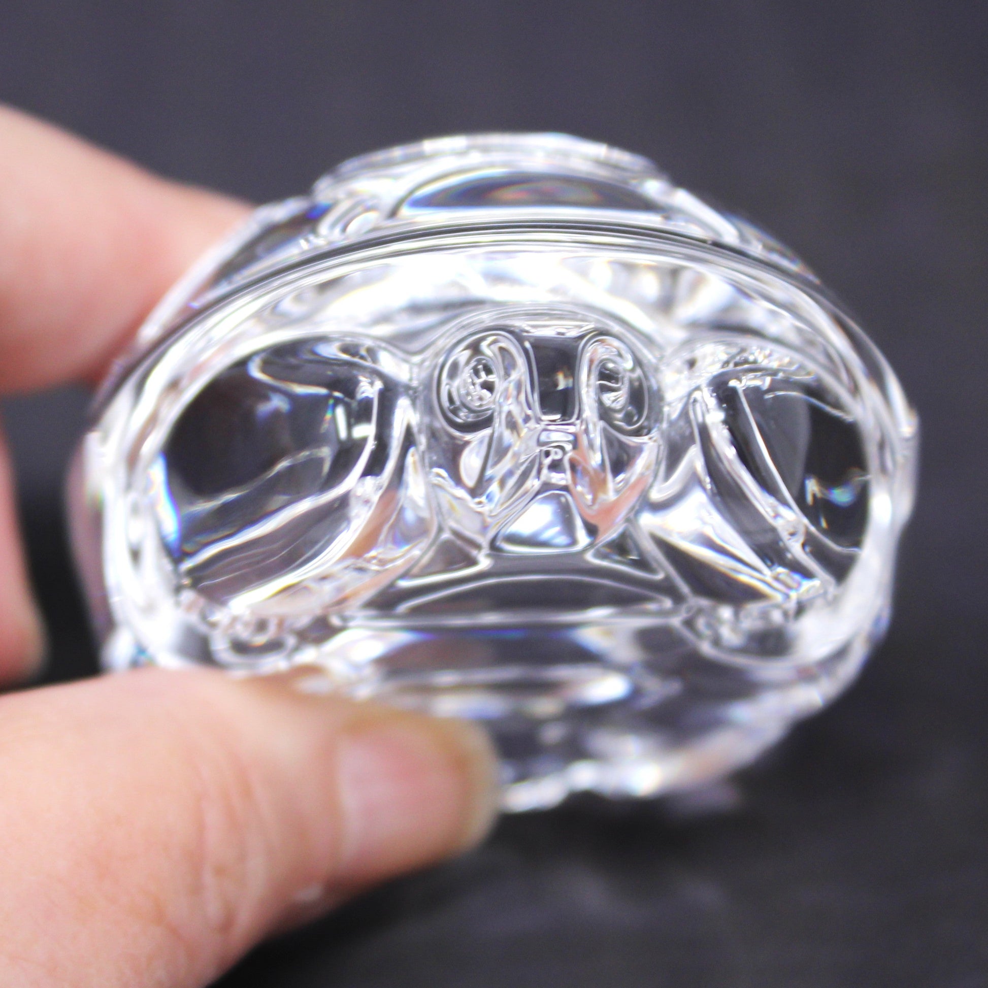 Close up front view of Steuben vintage crystal turtle hand cooler.  