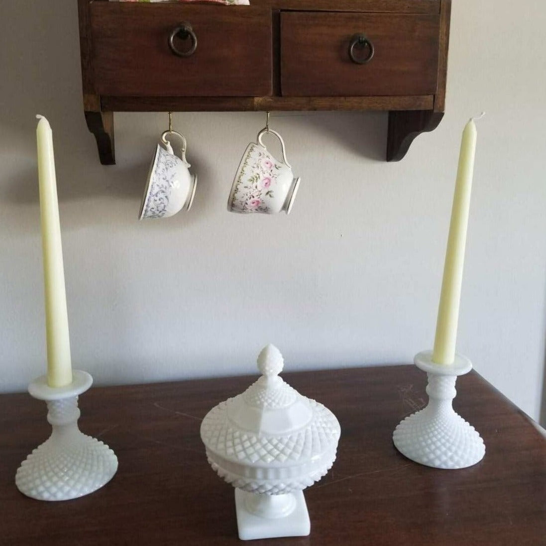 Candle Holders, Westmoreland, English Hobnail, Milk Glass, Vintage Set of 2