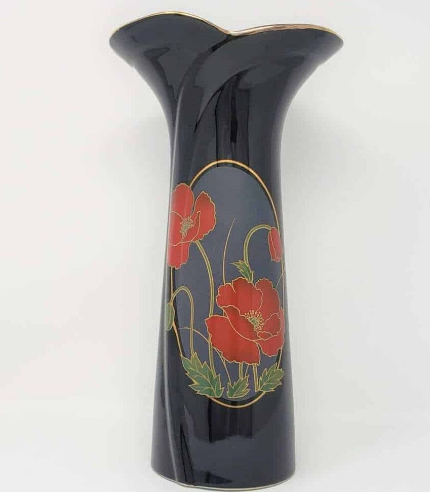 Vase, Fine China Japan, Red Poppies on Black Porcelain, Vintage