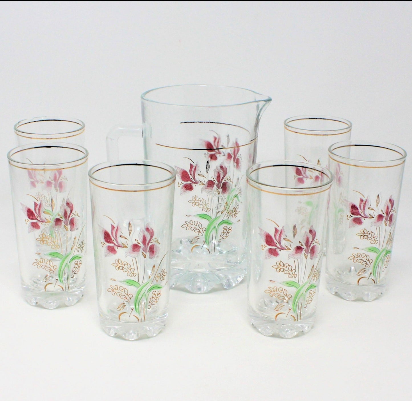 Pitcher & Glasses, Cerve, Pink Iris, Set of 7, Vintage Italy