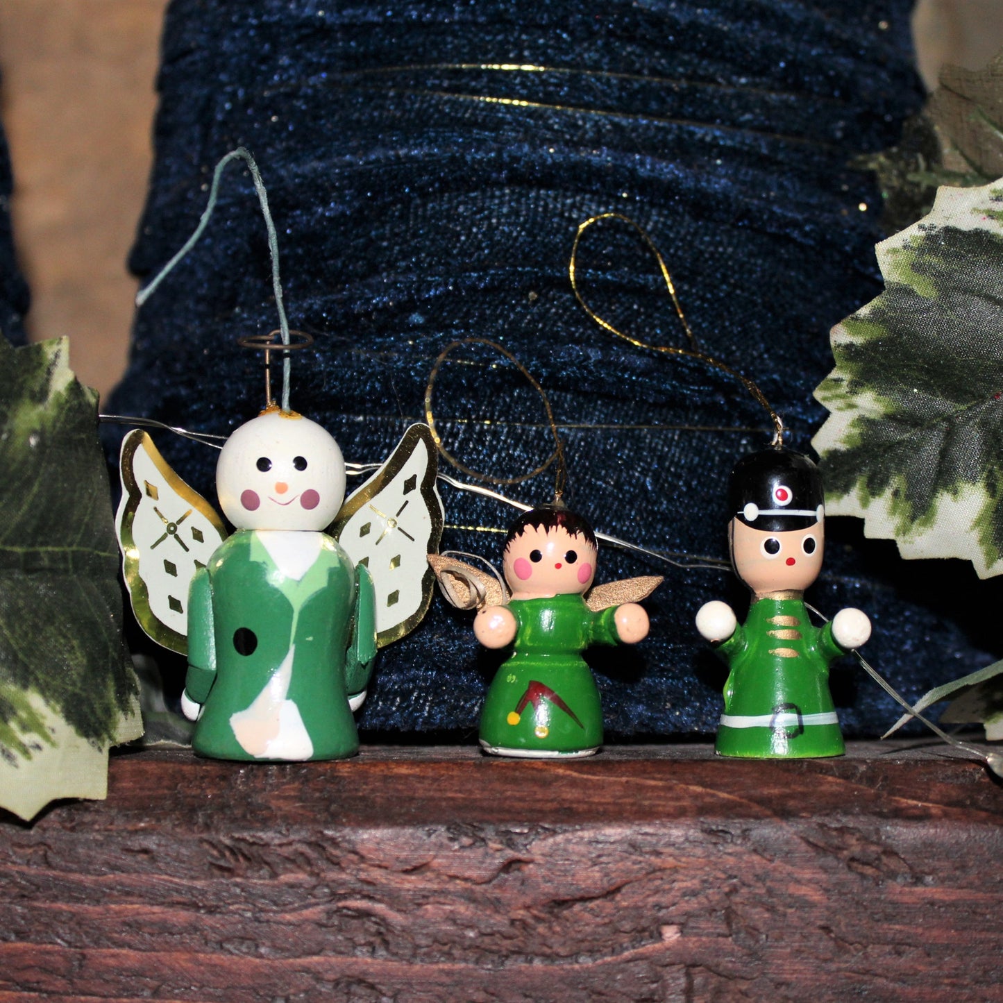 Ornaments, Christmas Wood Minis, Angels and Toy Soldier, Set of 3, Vintage