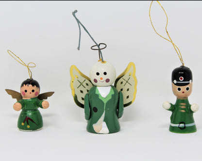 Ornaments, Christmas Wood Minis, Angels and Toy Soldier, Set of 3, Vintage