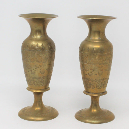 Candle Holders, Brass, Hand Carved Floral, Set of 2, Vintage, India