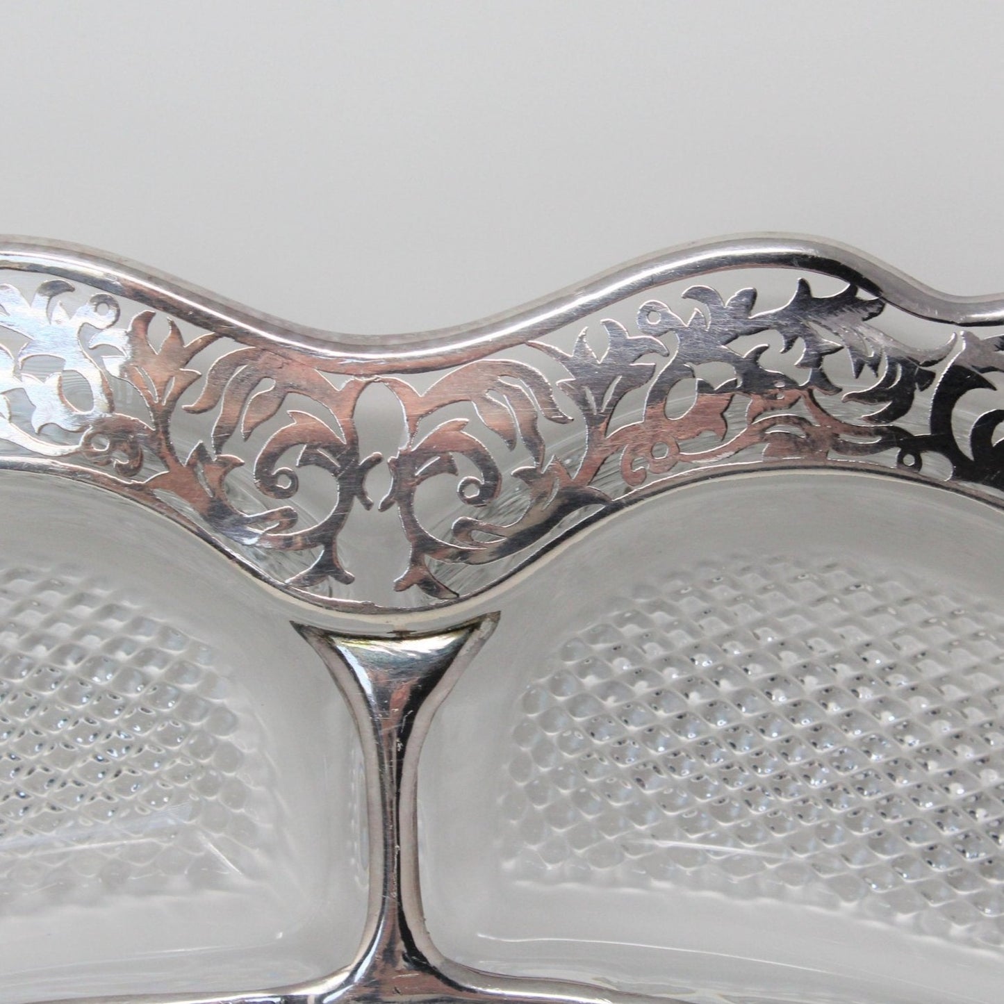 Divided Relish Tray, Cambridge Glass, Silver Overlay Filigree, Vintage