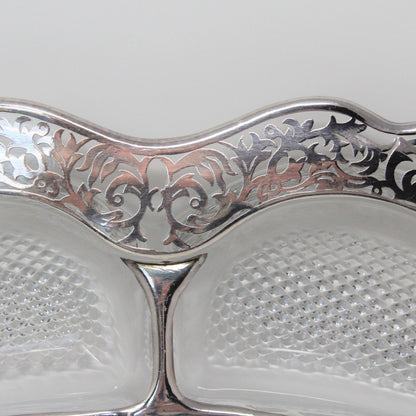 Divided Relish Tray, Cambridge Glass, Silver Overlay Filigree, Vintage