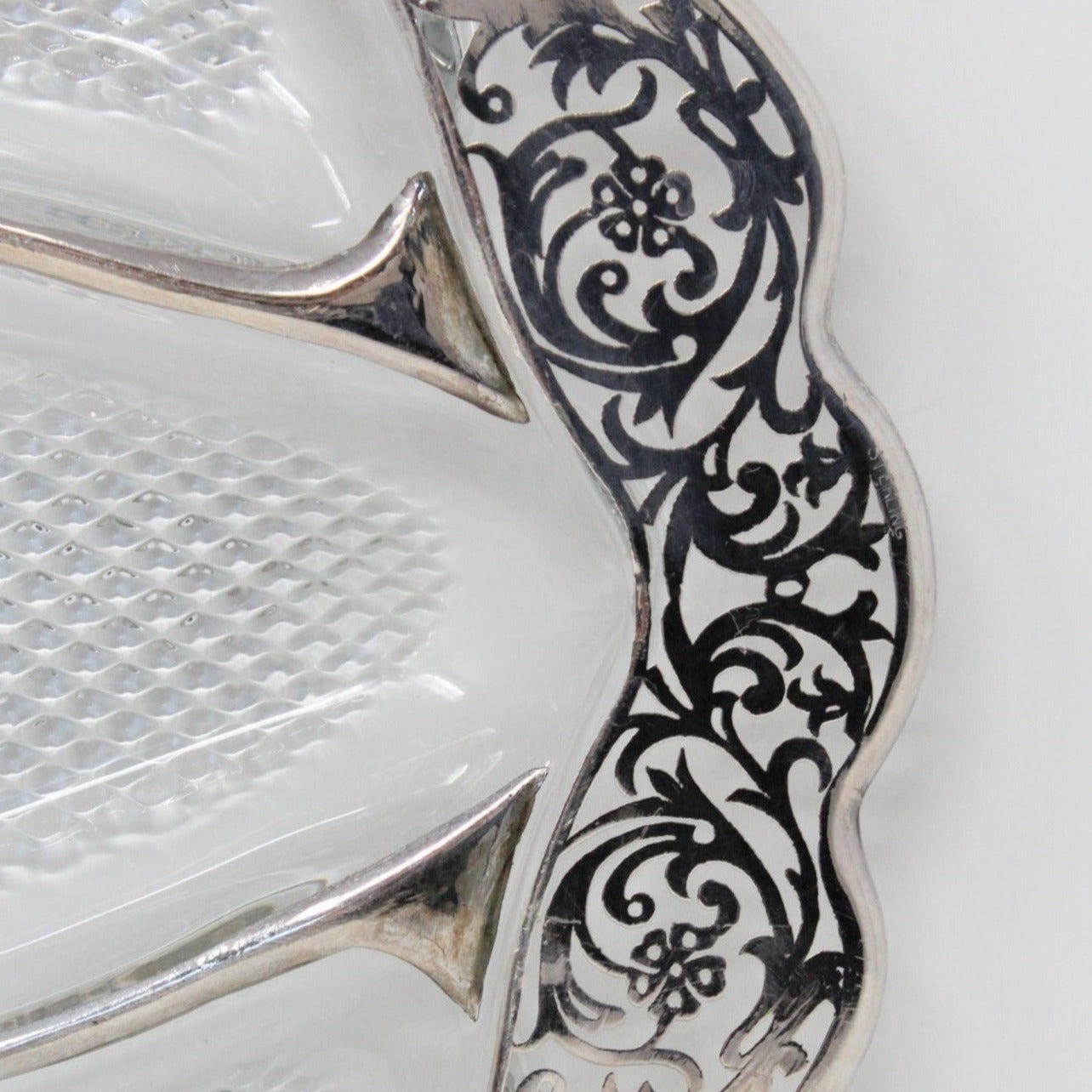 Divided Relish Tray, Cambridge Glass, Silver Overlay Filigree, Vintage