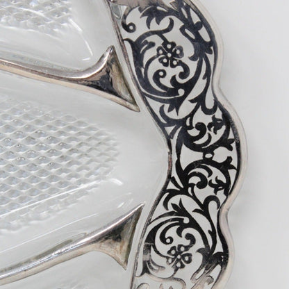 Divided Relish Tray, Cambridge Glass, Silver Overlay Filigree, Vintage