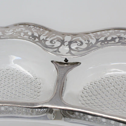 Divided Relish Tray, Cambridge Glass, Silver Overlay Filigree, Vintage