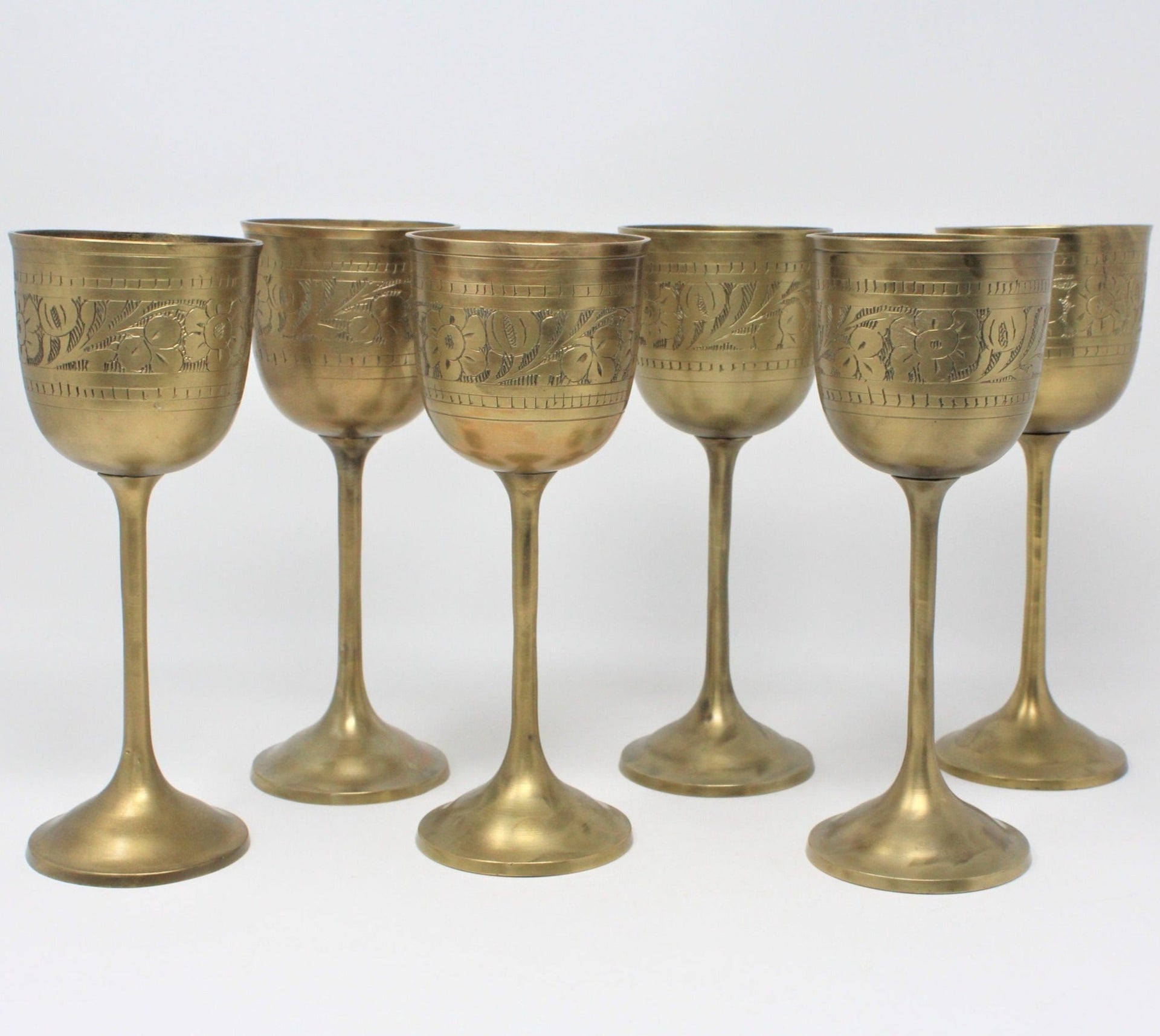 Wine Glasses, Hand Carved Brass, Set of 6, Vintage