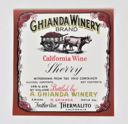 Wine Label, Ghianda Winery California Wine Sherry, Original, RARE NOS, Vintage 1940's