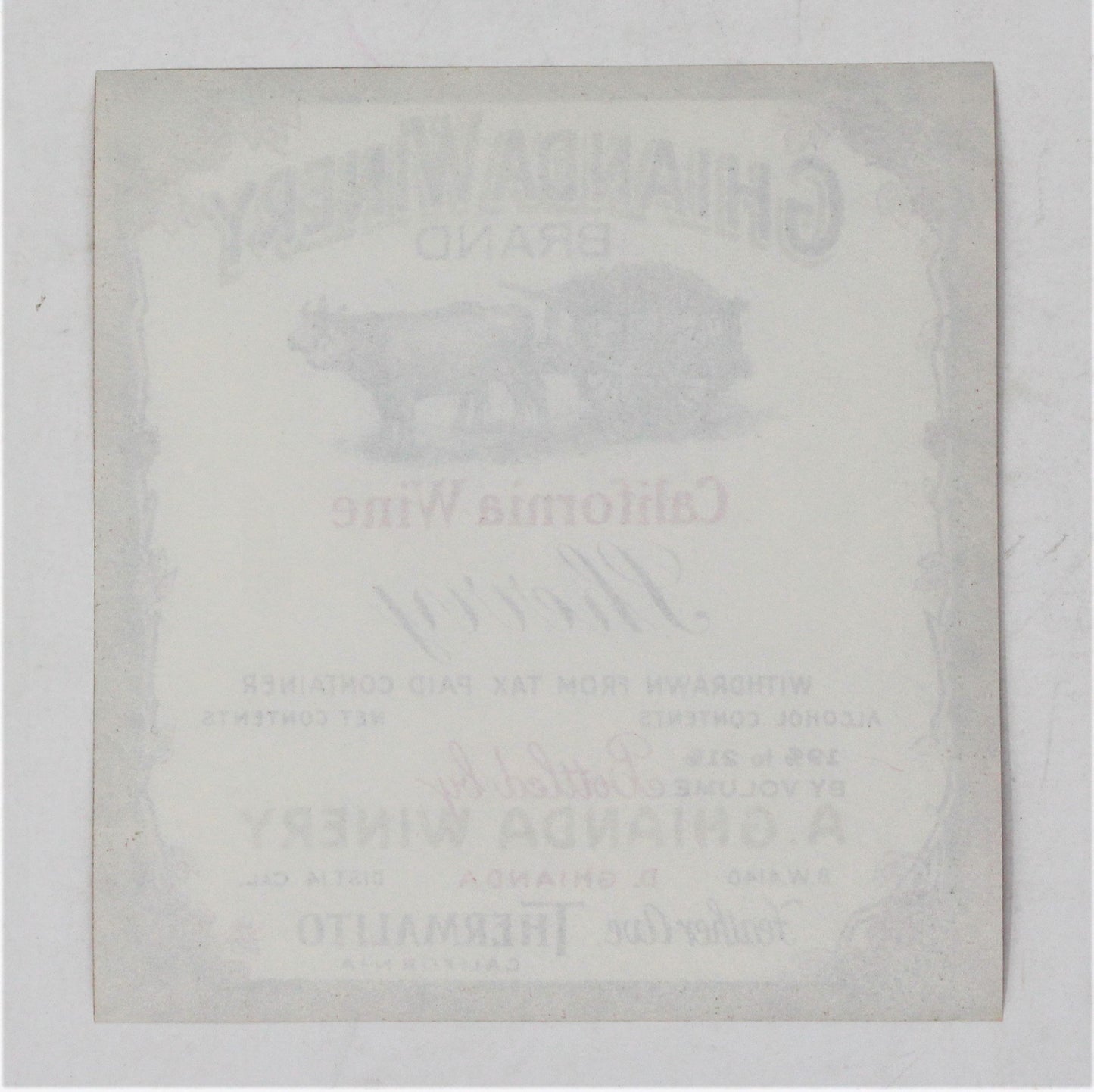 Wine Label, Ghianda Winery California Wine Sherry, Original, RARE NOS, Vintage 1940's