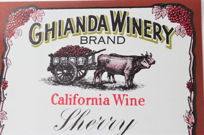 Wine Label, Ghianda Winery California Wine Sherry, Original, RARE NOS, Vintage 1940's