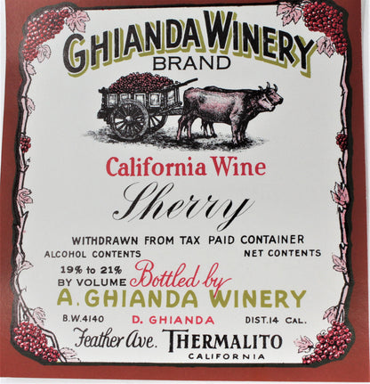 Wine Label, Ghianda Winery California Wine Sherry, Original, RARE NOS, Vintage 1940's