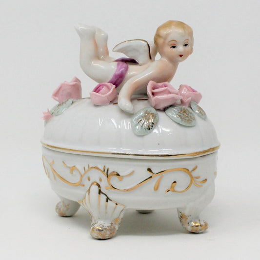 Trinket Box, Ucagco, Cherub Angel, Hand Painted, Porcelain Applied Roses, Vintage