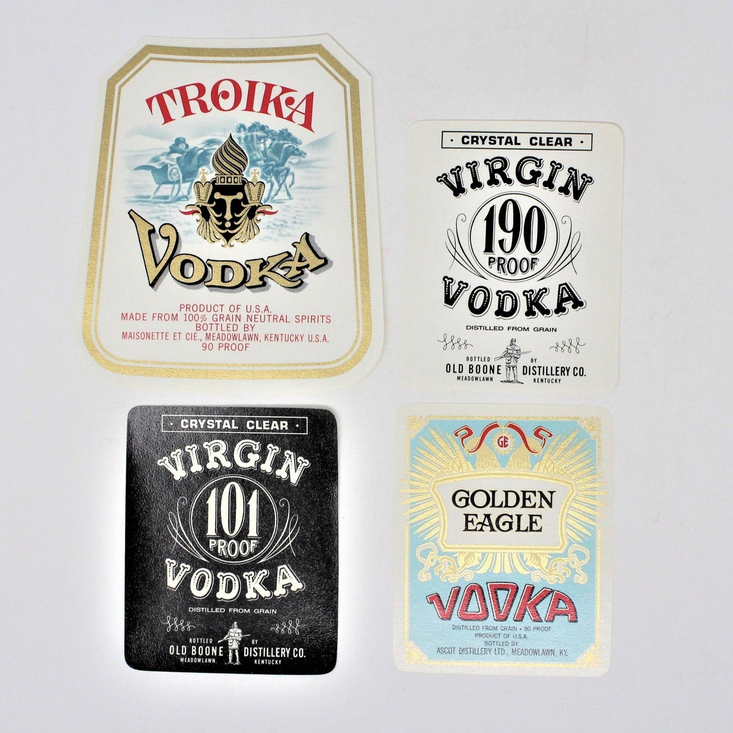 Vodka Labels, Kentucky Vodka, Set of 4, NOS, Vintage
