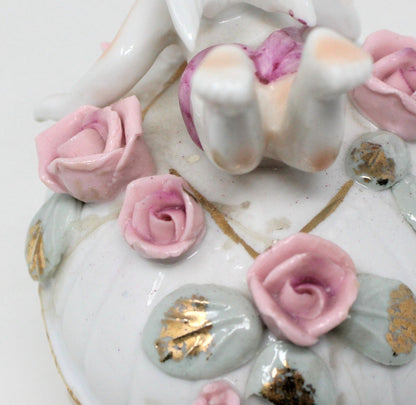 Trinket Box, Ucagco, Cherub Angel, Hand Painted, Porcelain Applied Roses, Vintage, REPAIRED