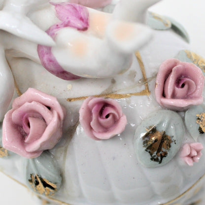 Trinket Box, Ucagco, Cherub Angel, Hand Painted, Porcelain Applied Roses, Vintage, REPAIRED