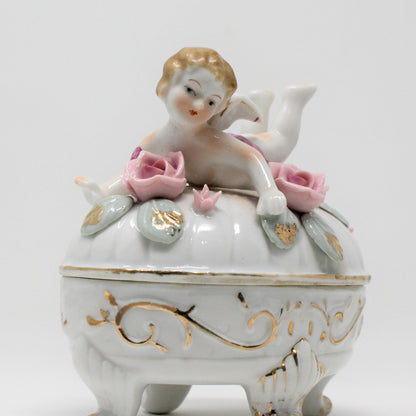 Trinket Box, Ucagco, Cherub Angel, Hand Painted, Porcelain Applied Roses, Vintage, REPAIRED