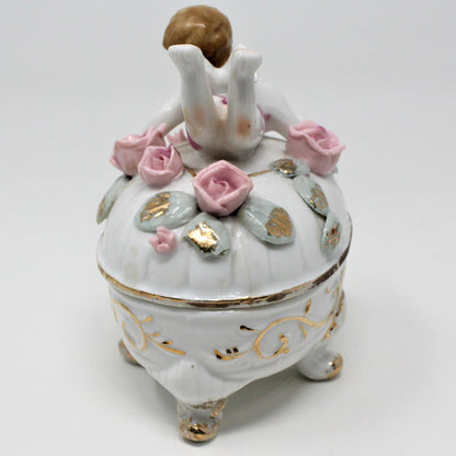 Trinket Box, Ucagco, Cherub Angel, Hand Painted, Porcelain Applied Roses, Vintage, REPAIRED