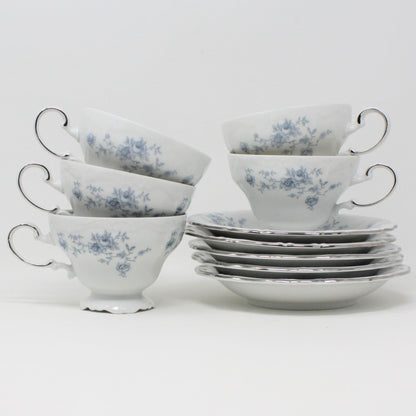 Teacup and Saucer, Johann Haviland, Blue Garland, Bavaria, Vintage, Set of 5